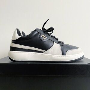 Chanel 23B Lambskin Suede Calfskin Sneakers 38.5 Black White